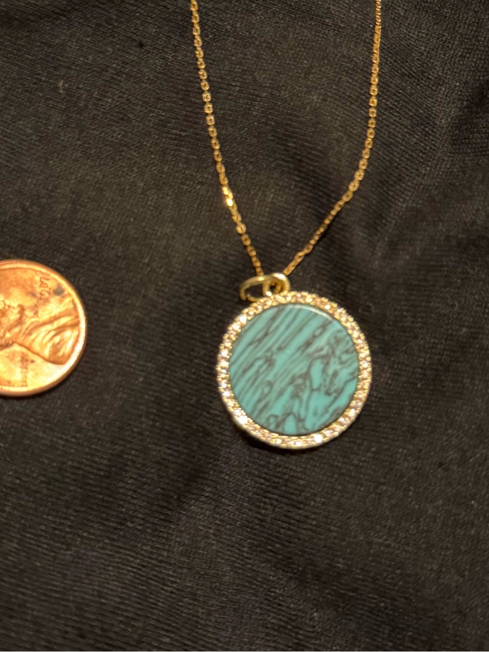 Gold-Tone Pendant Necklace with Turquoise Marbled Disc and Crystal Halo